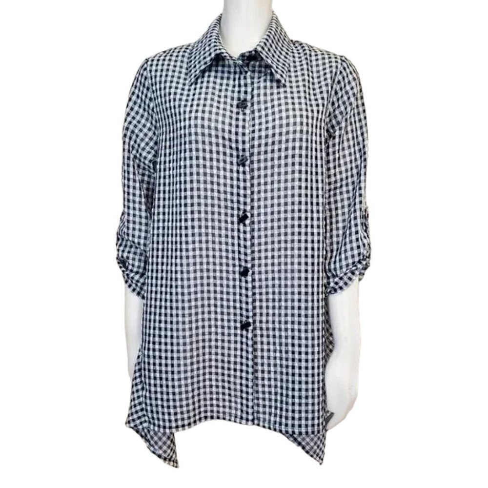 Yushi Seersucker Puckered Button Front + Back Button Tunic Black/White‎ Size M